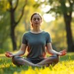 Person meditating in serene natural environment with soft morning light filtering through trees, peaceful facial expression, sitting in lotus position on grass, calm and centered mindfulness practice, photorealistic wellness imagery