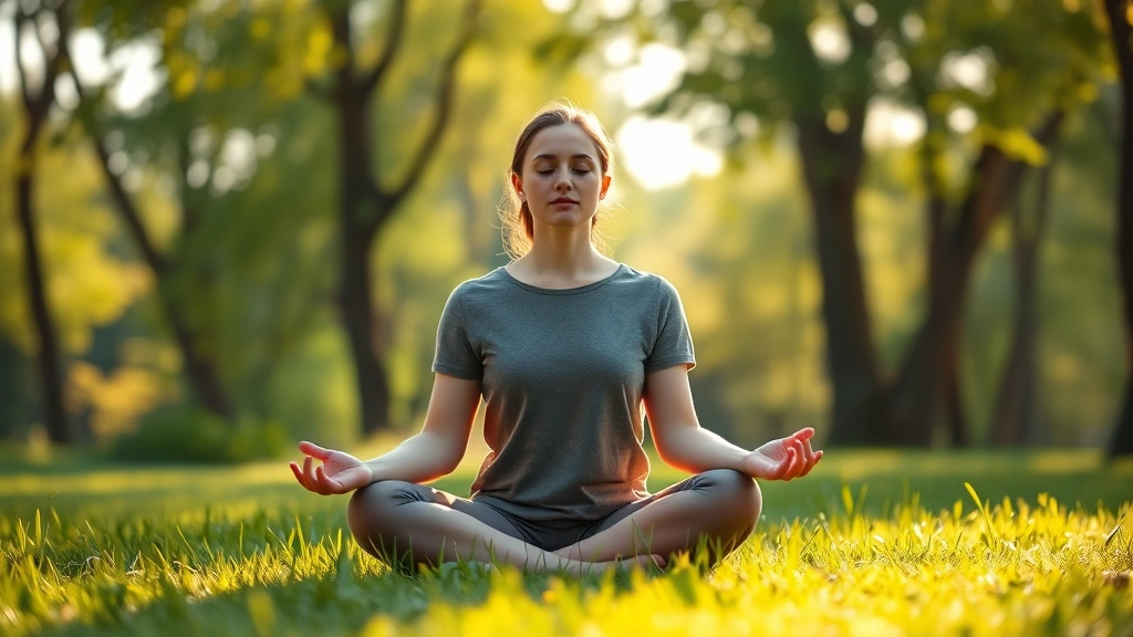 Person meditating in serene natural environment with soft morning light filtering through trees, peaceful facial expression, sitting in lotus position on grass, calm and centered mindfulness practice, photorealistic wellness imagery