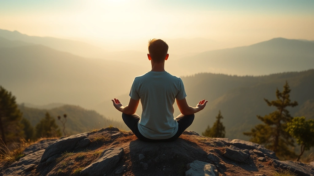 Person sitting in peaceful meditation pose on mountain overlooking misty valley, serene natural light, calm expression, morning atmosphere, photorealistic