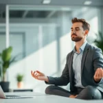 Person meditating in modern office environment with soft morning light, showing peaceful focused expression, minimal desk with laptop in background, professional attire, serene concentration pose