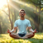 Person meditating peacefully in serene natural setting with soft morning light filtering through trees, calm expression, sitting in lotus position, photorealistic, zen environment