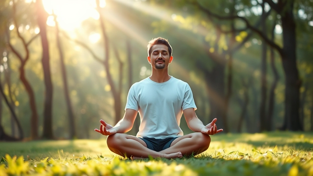 Person meditating peacefully in serene natural setting with soft morning light filtering through trees, calm expression, sitting in lotus position, photorealistic, zen environment