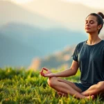 Person meditating peacefully in serene natural setting, eyes closed, sitting cross-legged on green grass with mountains in background, soft golden sunlight, calm expression showing tranquility and mental clarity