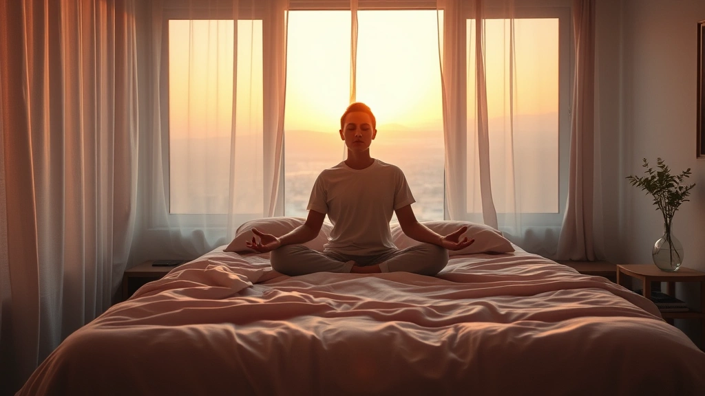 A serene bedroom with soft warm lighting, person meditating peacefully on bed at sunset, calm expression, natural materials, photorealistic, no text