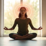 Person sitting in peaceful meditation posture in modern minimalist room with soft natural light streaming through window, calm focused expression, brain visualization glowing softly in background, neuroscience wellness concept, photorealistic, no text