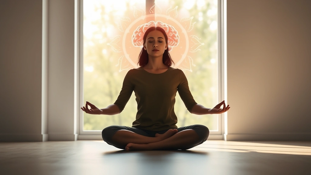Person sitting in peaceful meditation posture in modern minimalist room with soft natural light streaming through window, calm focused expression, brain visualization glowing softly in background, neuroscience wellness concept, photorealistic, no text