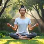 Person meditating in lotus position in peaceful garden with soft natural light filtering through trees, serene expression, hands in meditation mudra, morning mist visible