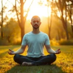 Person meditating in serene natural environment with soft golden sunlight filtering through trees, peaceful expression, cross-legged position on grass, minimalist composition showing tranquility and mental clarity