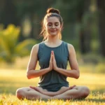 Person meditating in serene natural setting with soft morning light, peaceful facial expression, sitting cross-legged on grass with blurred forest background, embodying calm mental clarity and mindfulness practice