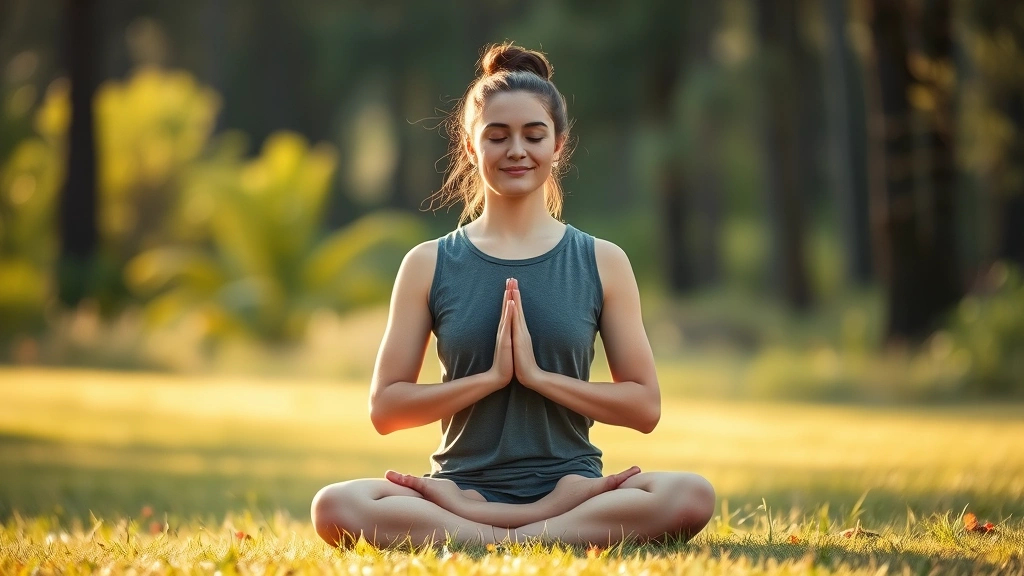 Person meditating in serene natural setting with soft morning light, peaceful facial expression, sitting cross-legged on grass with blurred forest background, embodying calm mental clarity and mindfulness practice
