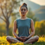 Person meditating in peaceful natural setting with soft morning light, serene facial expression, sitting cross-legged on green grass with trees and mountains in blurred background, photorealistic warm tones