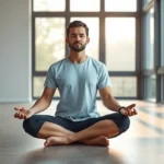 Person sitting in cross-legged meditation position in a peaceful modern minimalist room with soft natural light streaming through large windows, showing calm facial expression and relaxed posture, photorealistic