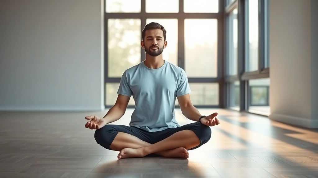 Person sitting in cross-legged meditation position in a peaceful modern minimalist room with soft natural light streaming through large windows, showing calm facial expression and relaxed posture, photorealistic