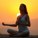 Person meditating peacefully in lotus position at sunset, hands on knees, serene expression, golden hour lighting, minimal background, photorealistic
