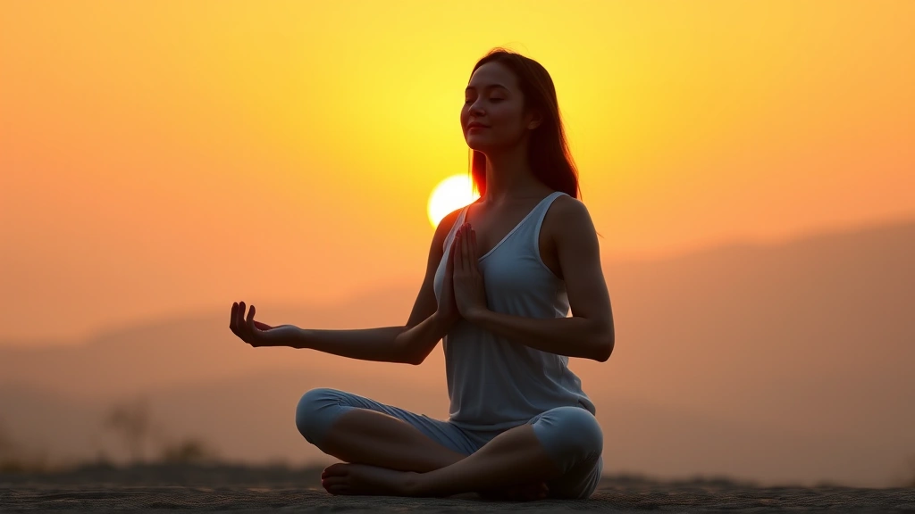 Person meditating peacefully in lotus position at sunset, hands on knees, serene expression, golden hour lighting, minimal background, photorealistic