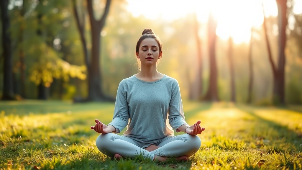 Person meditating in serene nature setting with soft morning light filtering through trees, peaceful facial expression, sitting cross-legged on grass, photorealistic calm atmosphere
