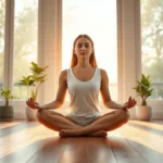 Person in serene meditation pose sitting cross-legged on natural wooden floor near large windows with soft morning sunlight streaming through, minimalist room with potted plants, peaceful facial expression, photorealistic
