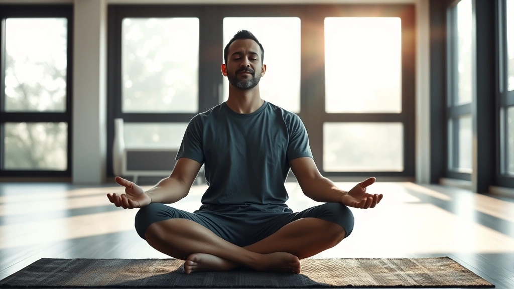A person sitting in lotus position meditating peacefully in a minimalist modern room with soft natural light streaming through large windows, focusing on serene facial expression and calm body language, photorealistic