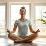 Person sitting in peaceful meditation posture in a bright, minimalist room with soft natural light streaming through large windows, serene facial expression, cross-legged position, calm environment with plants