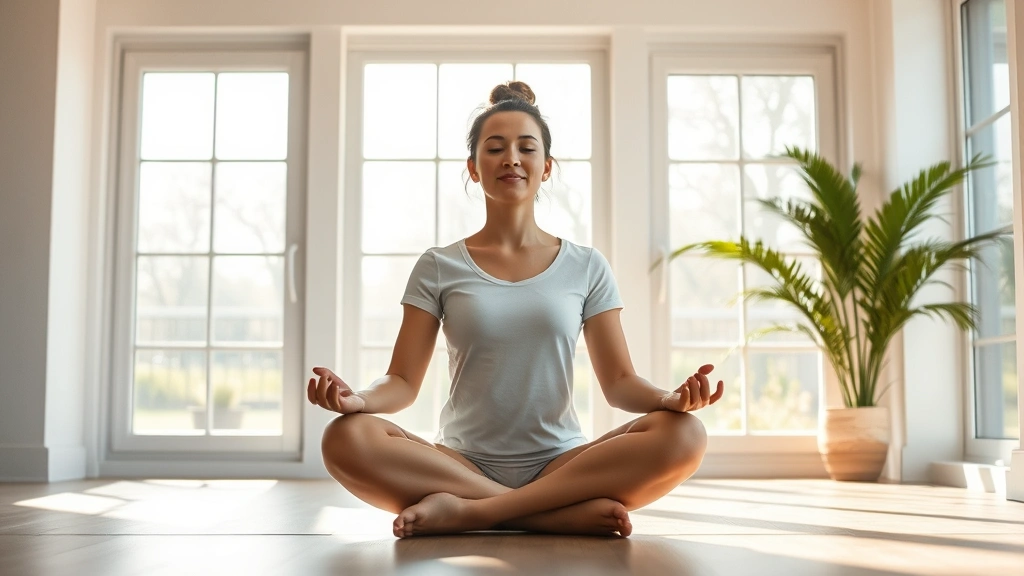 Person sitting in peaceful meditation posture in a bright, minimalist room with soft natural light streaming through large windows, serene facial expression, cross-legged position, calm environment with plants