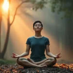Person sitting in peaceful lotus position meditating in serene nature environment with soft golden sunlight filtering through trees, eyes closed, calm expression, misty forest background, photorealistic