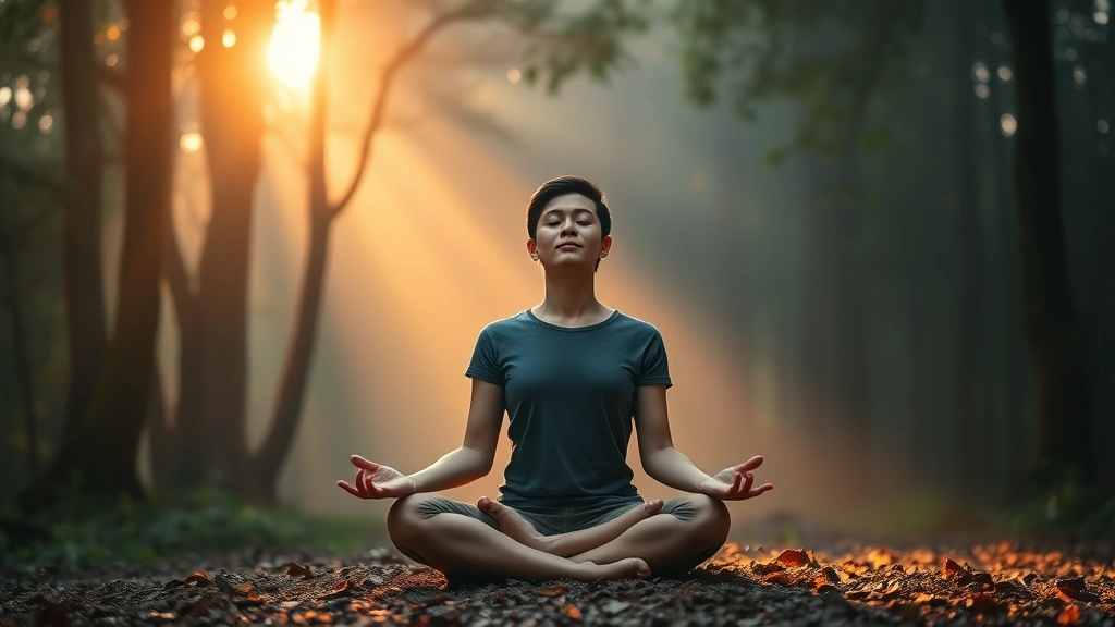 Person sitting in peaceful lotus position meditating in serene nature environment with soft golden sunlight filtering through trees, eyes closed, calm expression, misty forest background, photorealistic