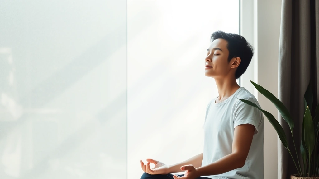 Person in peaceful meditation pose sitting by a window with soft natural light streaming in, eyes closed in calm focus, serene expression, minimalist background with plants