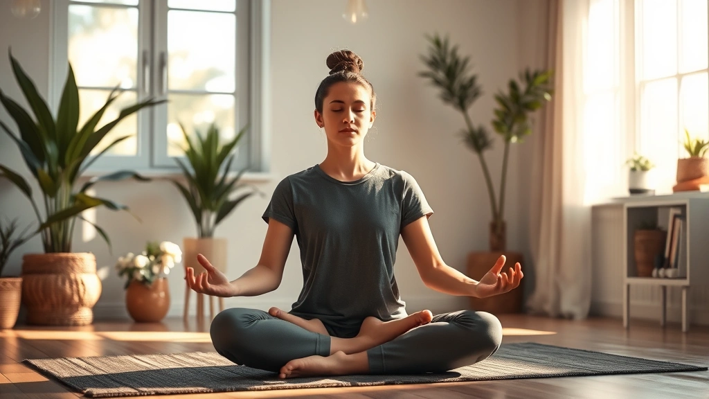 Person sitting in peaceful meditation pose in sunlit room with soft natural light, serene expression, calm environment with plants and minimalist decor, photorealistic