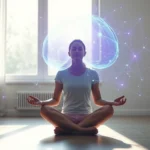 Person sitting in meditation posture in modern minimalist room with soft natural light, peaceful expression, brain visualization overlay showing neural connections glowing blue and purple, no text visible