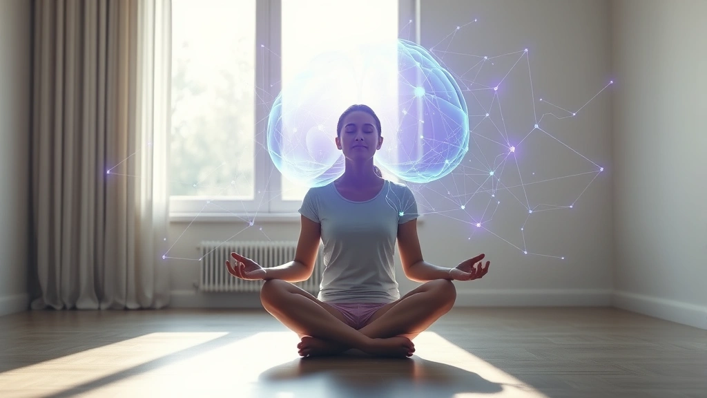 Person sitting in meditation posture in modern minimalist room with soft natural light, peaceful expression, brain visualization overlay showing neural connections glowing blue and purple, no text visible