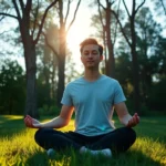 Person meditating in serene natural setting with soft morning light filtering through trees, peaceful expression, sitting cross-legged on grass, hands in meditation position, calm blue sky background