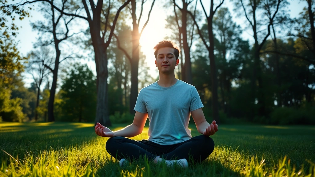 Person meditating in serene natural setting with soft morning light filtering through trees, peaceful expression, sitting cross-legged on grass, hands in meditation position, calm blue sky background