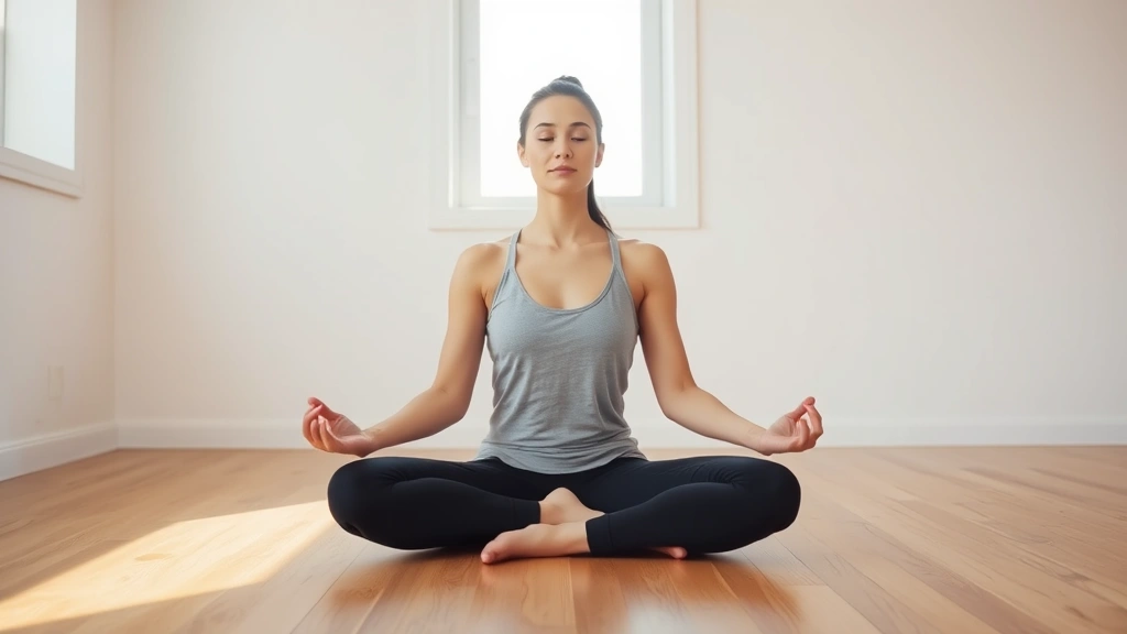 Person sitting in meditation pose on wooden floor in bright minimalist room, hands resting on knees, peaceful expression, soft natural light streaming through window, serene indoor meditation space