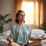 Person in peaceful bedroom practicing mindfulness meditation, soft warm lighting, serene expression, modern minimalist bedroom with plants, photorealistic professional photography