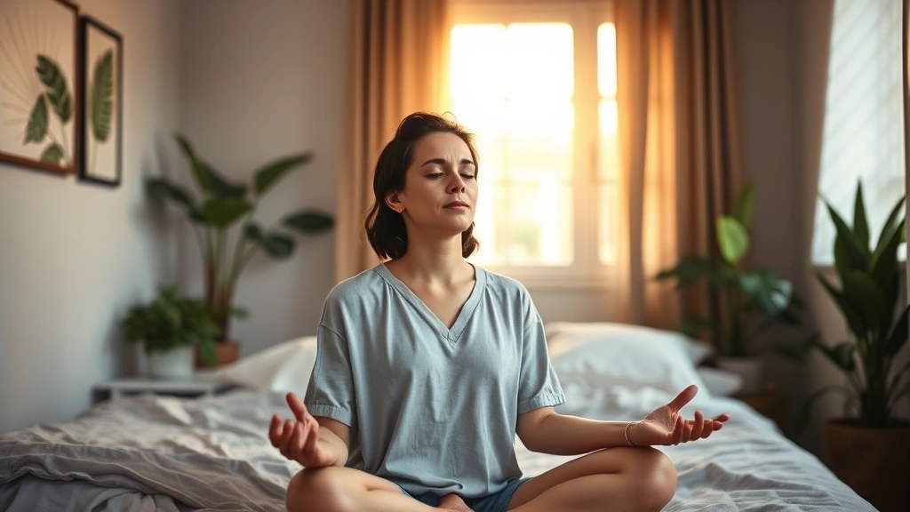 Person in peaceful bedroom practicing mindfulness meditation, soft warm lighting, serene expression, modern minimalist bedroom with plants, photorealistic professional photography