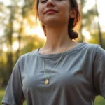Close-up of a person meditating in serene natural setting with soft morning light filtering through trees, peaceful expression, hands resting on knees in lotus position, photorealistic, calming atmosphere, no text visible
