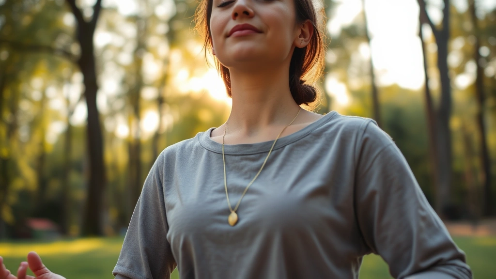 Close-up of a person meditating in serene natural setting with soft morning light filtering through trees, peaceful expression, hands resting on knees in lotus position, photorealistic, calming atmosphere, no text visible