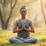 Person meditating in peaceful lotus position in serene natural environment with soft morning light filtering through trees, serene expression, realistic photography style, no text or distractions