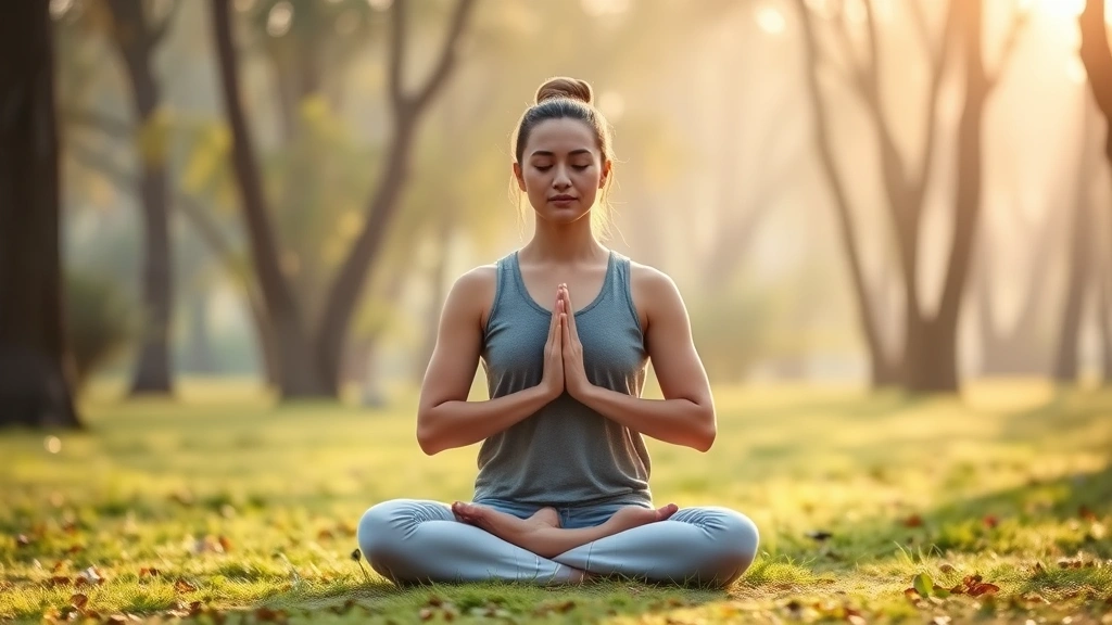 Person meditating in peaceful lotus position in serene natural environment with soft morning light filtering through trees, serene expression, realistic photography style, no text or distractions