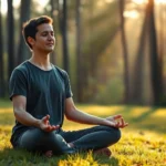 Person meditating in serene natural setting with soft morning light filtering through trees, peaceful facial expression, cross-legged position on grass, tranquil forest background, photorealistic