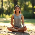 Person sitting cross-legged meditating in serene natural setting with soft sunlight filtering through trees, peaceful expression, photorealistic