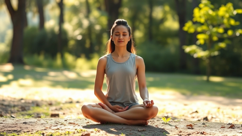 Person sitting cross-legged meditating in serene natural setting with soft sunlight filtering through trees, peaceful expression, photorealistic