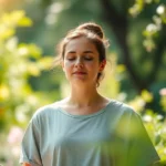 Person meditating in serene garden with soft natural light, peaceful expression, professional photography, bokeh background with green foliage, calm wellness aesthetic