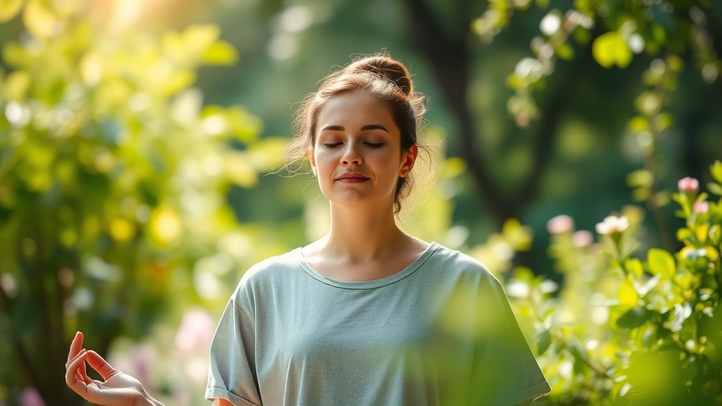 Person meditating in serene garden with soft natural light, peaceful expression, professional photography, bokeh background with green foliage, calm wellness aesthetic