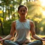Person meditating in peaceful natural environment with soft sunlight filtering through trees, serene expression, calm body posture, photorealistic