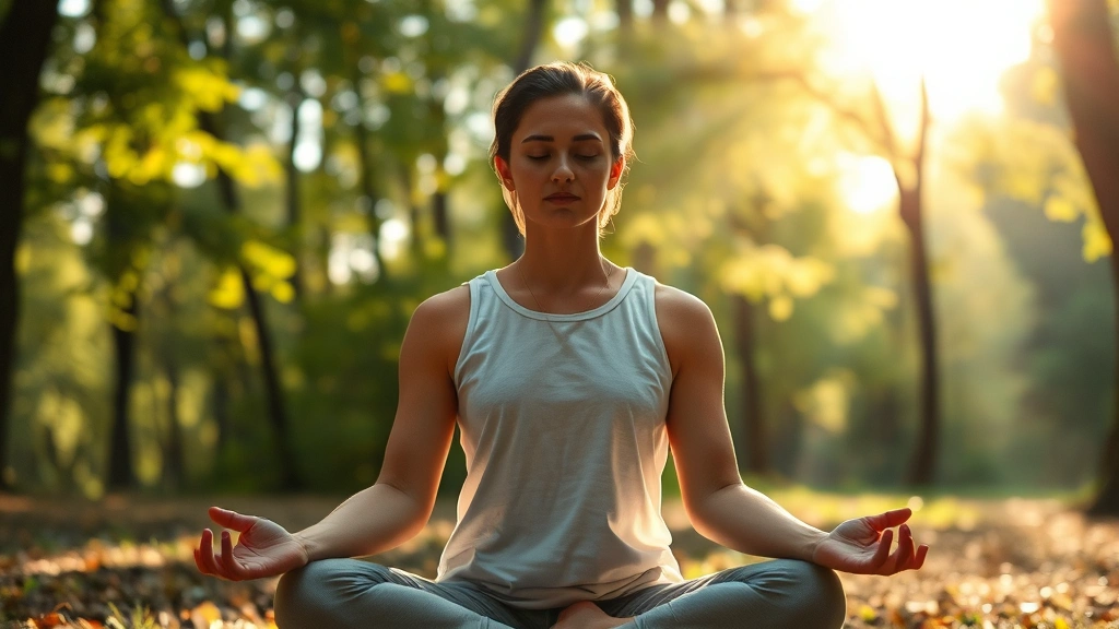 Person meditating in peaceful natural environment with soft sunlight filtering through trees, serene expression, calm body posture, photorealistic