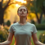 Person in peaceful meditation pose in serene garden with soft natural lighting, eyes closed, serene facial expression, warm golden hour sunlight filtering through trees, photorealistic, no text or letters visible