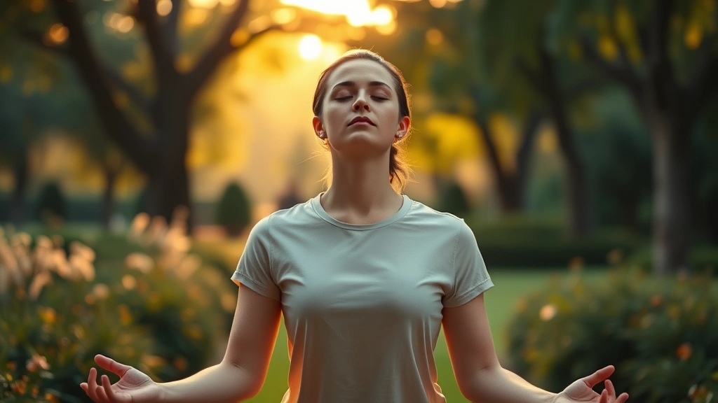 Person in peaceful meditation pose in serene garden with soft natural lighting, eyes closed, serene facial expression, warm golden hour sunlight filtering through trees, photorealistic, no text or letters visible