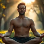 A person sitting in peaceful meditation posture in a serene natural setting with soft morning light filtering through trees, showing calm facial expression and relaxed shoulders, photorealistic