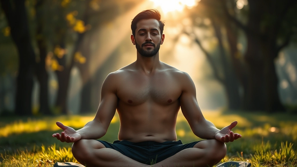 A person sitting in peaceful meditation posture in a serene natural setting with soft morning light filtering through trees, showing calm facial expression and relaxed shoulders, photorealistic